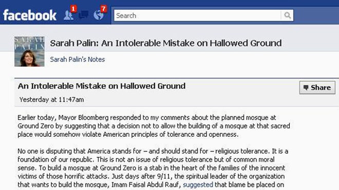 Palin Facebook Post